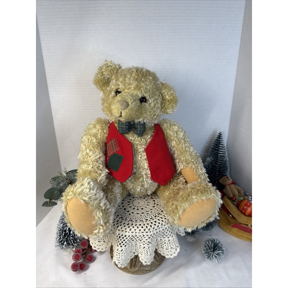 Vintage Hallmark Christmas Bear Plush Red Vest Green Plaid Bow tie 9.5"